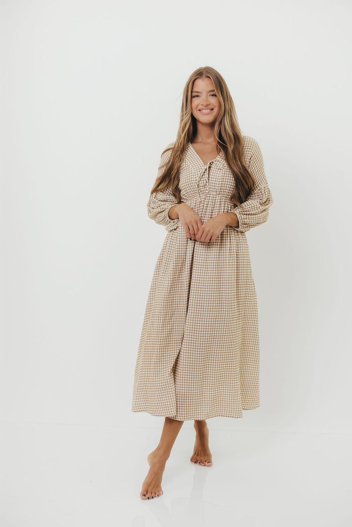 Hunter 100% Cotton Midi Dress in Natural Plaid - Bump Friendly