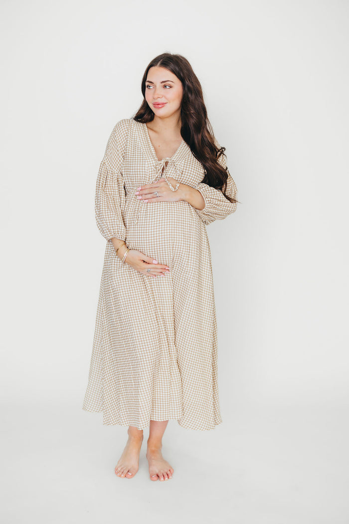 Hunter 100% Cotton Midi Dress in Natural Plaid - Bump Friendly
