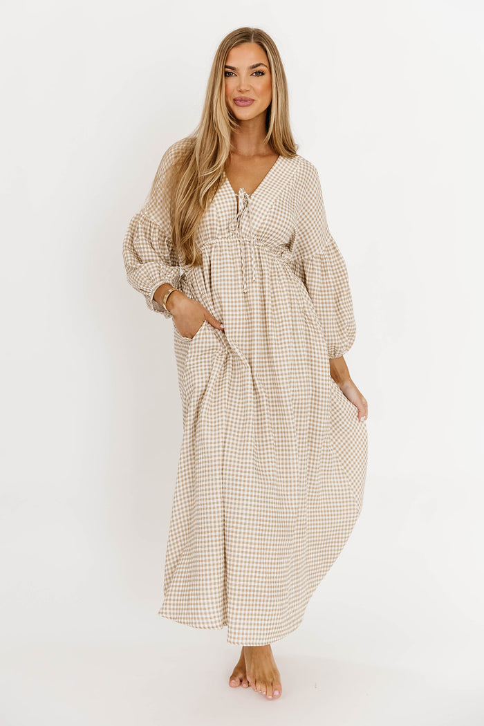 Hunter 100% Cotton Midi Dress in Natural Plaid - Bump Friendly