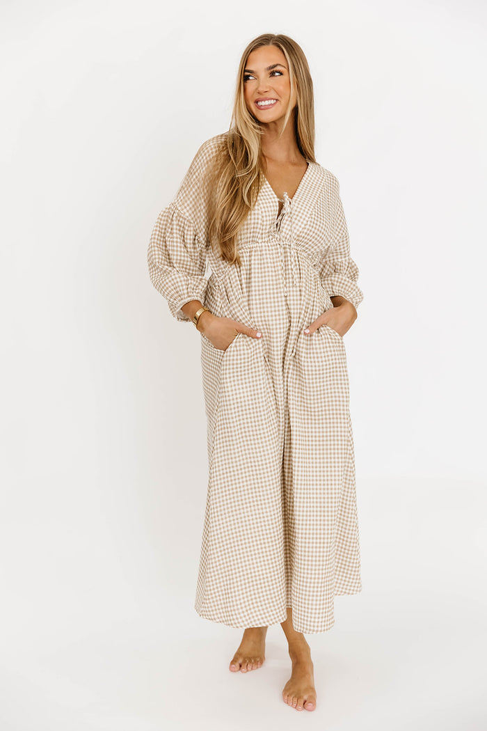 Hunter 100% Cotton Midi Dress in Natural Plaid - Bump Friendly