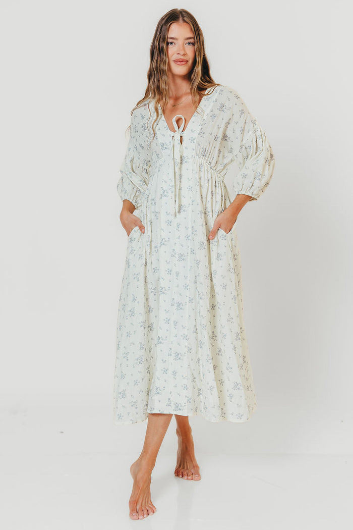 Hunter 100% Cotton Midi Dress in Off White/Blue - Bump Friendly & Inclusive Sizing