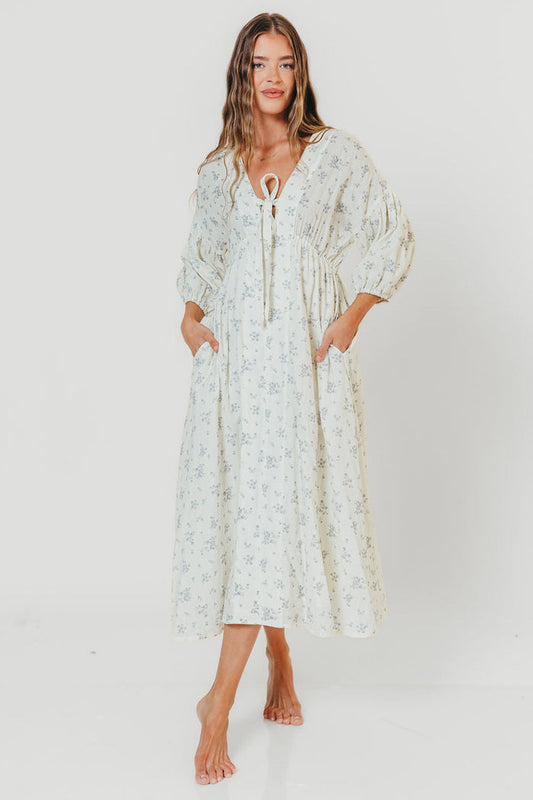Hunter 100% Cotton Midi Dress in Off White/Blue - Bump Friendly & Inclusive Sizing