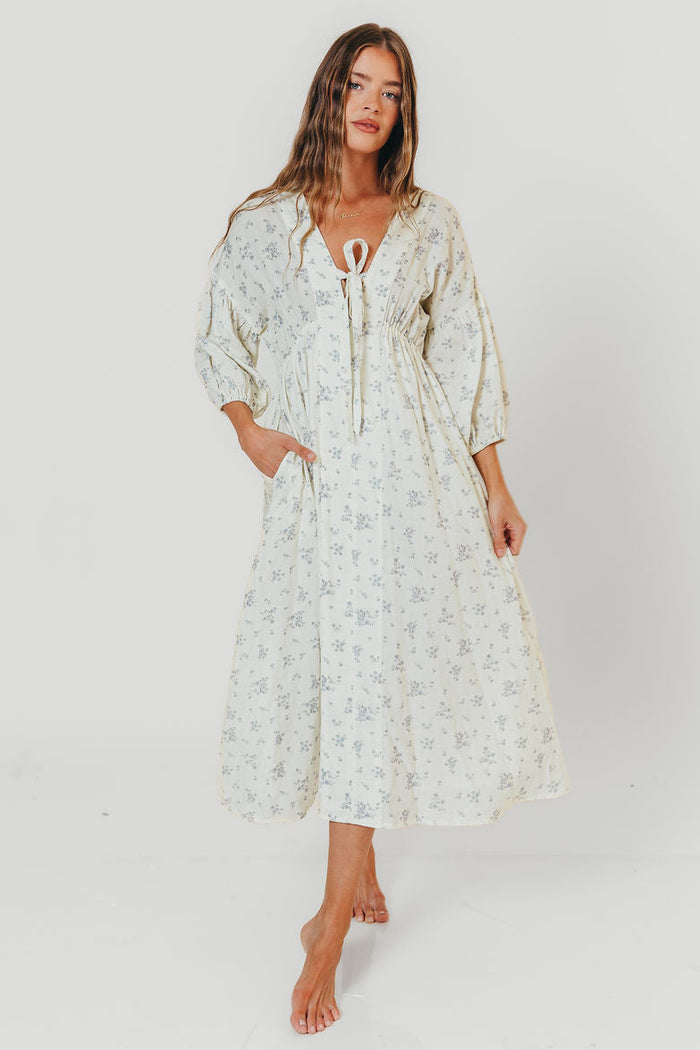 Hunter 100% Cotton Midi Dress in Off White/Blue - Bump Friendly & Inclusive Sizing