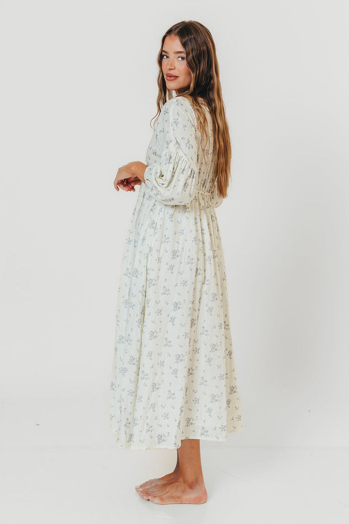 Hunter 100% Cotton Midi Dress in Off White/Blue - Bump Friendly & Inclusive Sizing