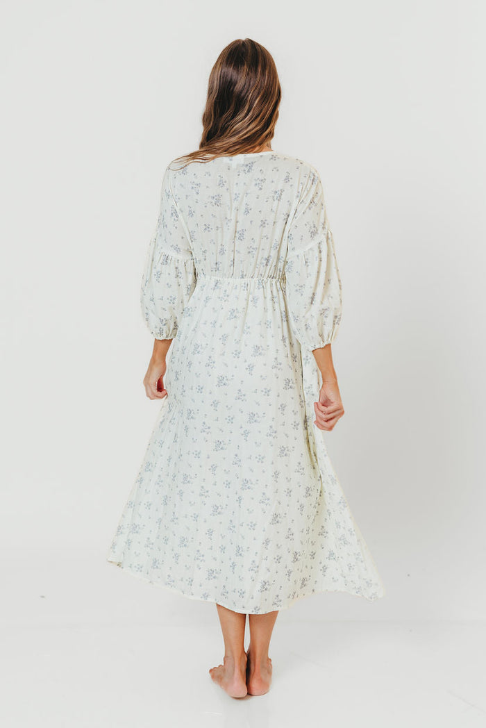 Hunter 100% Cotton Midi Dress in Off White/Blue - Bump Friendly & Inclusive Sizing