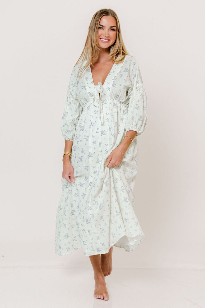 Hunter 100% Cotton Midi Dress in Off White/Blue - Bump Friendly & Inclusive Sizing