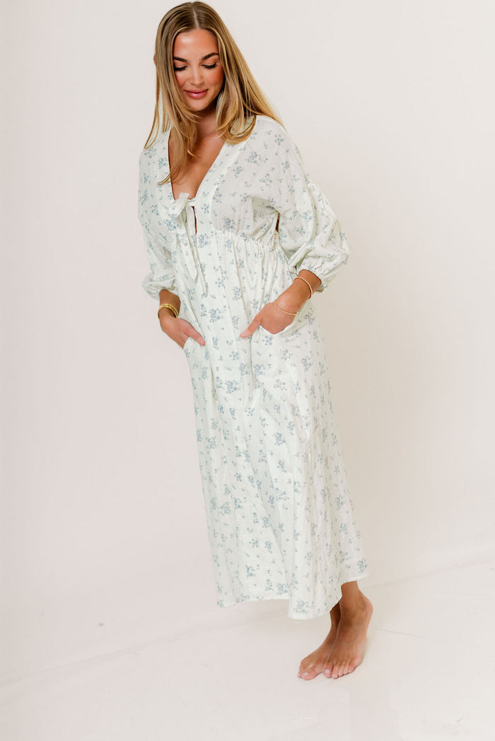 Hunter 100% Cotton Midi Dress in Off White/Blue - Bump Friendly & Inclusive Sizing