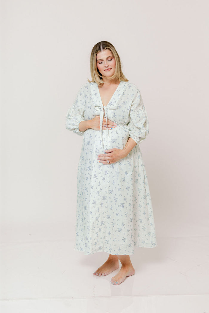 Hunter 100% Cotton Midi Dress in Off White/Blue - Bump Friendly & Inclusive Sizing