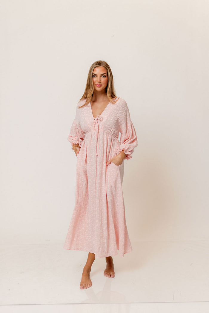 Hunter 100% Cotton Midi Dress in Pale Pink Foliage - Bump Friendly