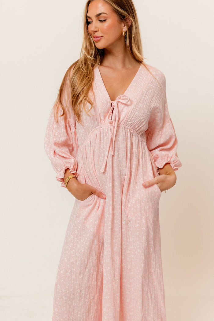 Hunter 100% Cotton Midi Dress in Pale Pink Foliage - Bump Friendly