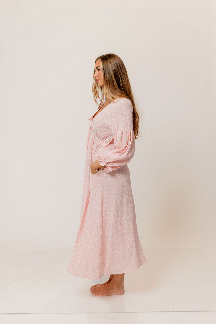 Hunter 100% Cotton Midi Dress in Pale Pink Foliage - Bump Friendly