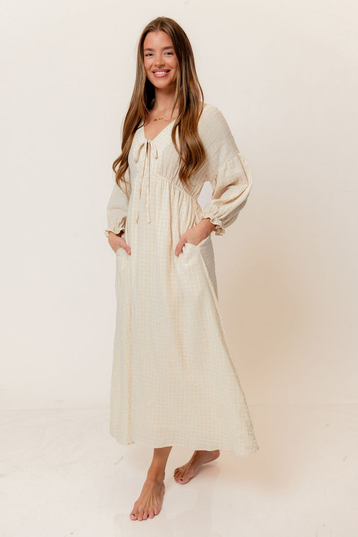 Hunter 100% Cotton Midi Dress in Pale Pink Plaid (Lined) - Bump Friendly