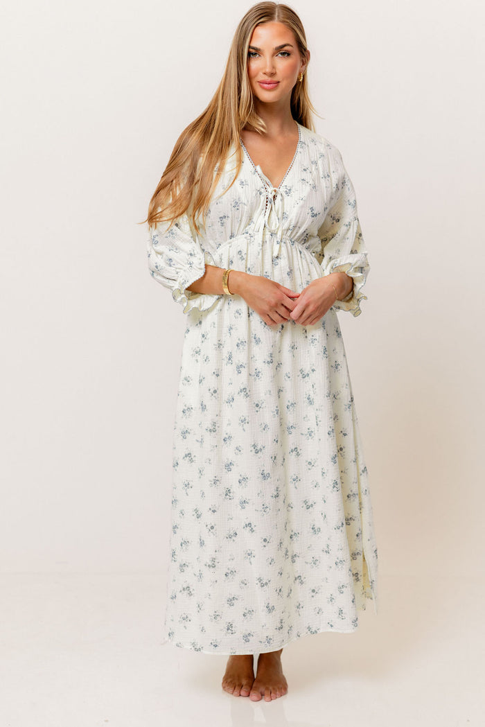 Hunter 100% Cotton Midi Dress with Eyelet Trimming in Blue Floral - Bump Friendly
