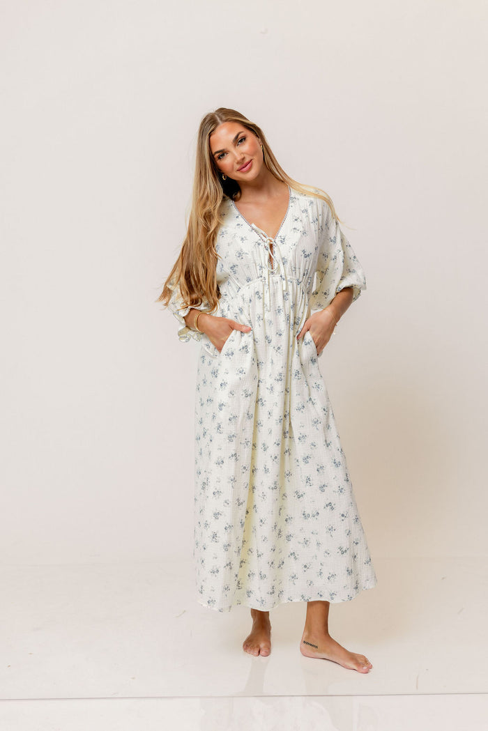 Hunter 100% Cotton Midi Dress with Eyelet Trimming in Blue Floral - Bump Friendly