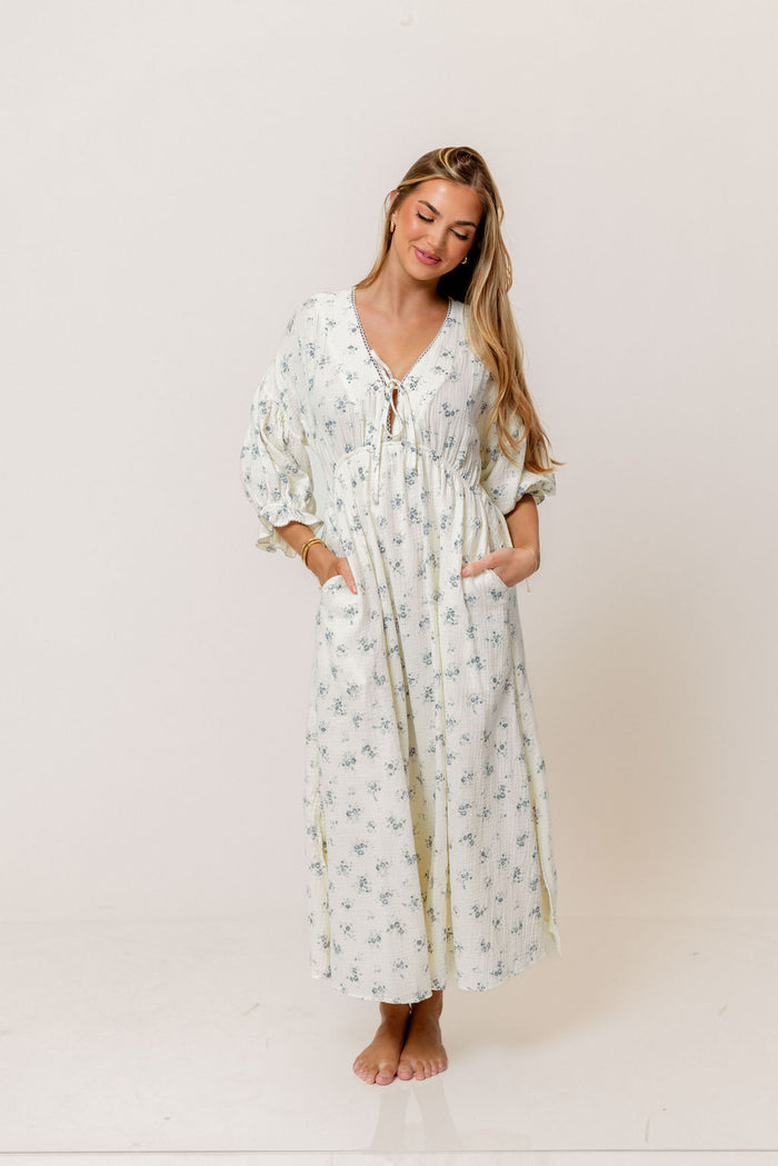 Hunter 100% Cotton Midi Dress with Eyelet Trimming in Blue Floral - Bump Friendly