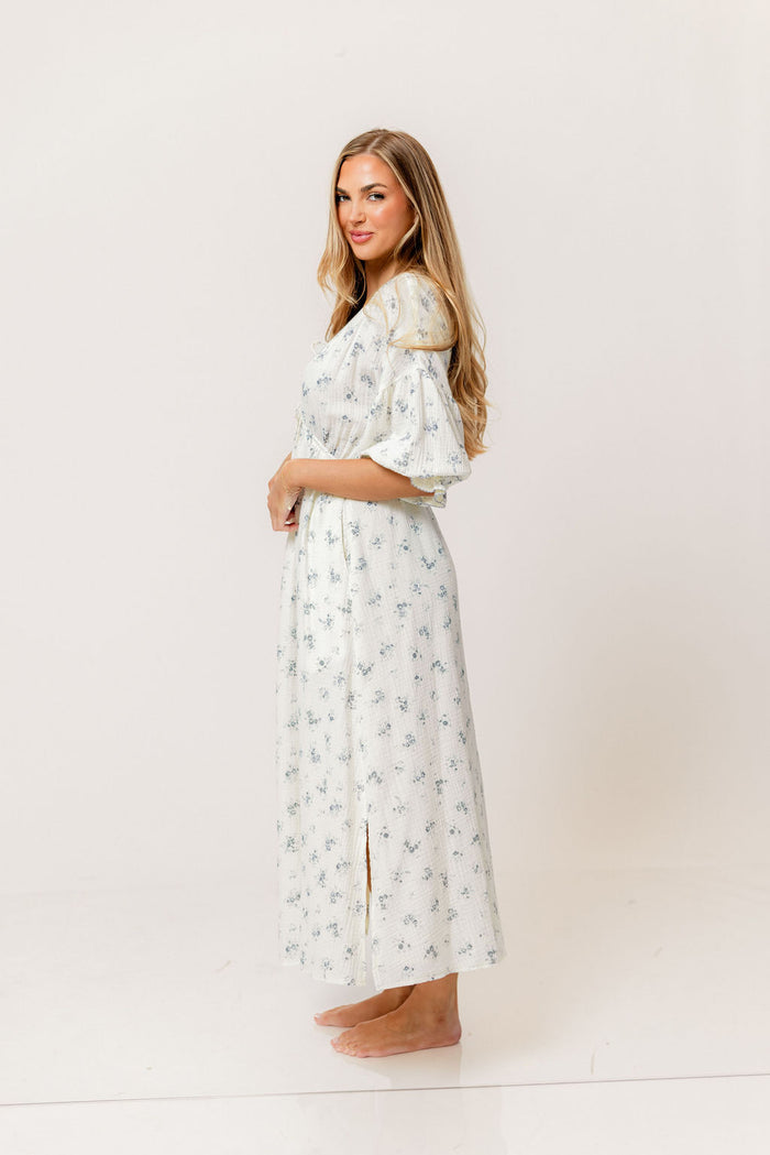 Hunter 100% Cotton Midi Dress with Eyelet Trimming in Blue Floral - Bump Friendly