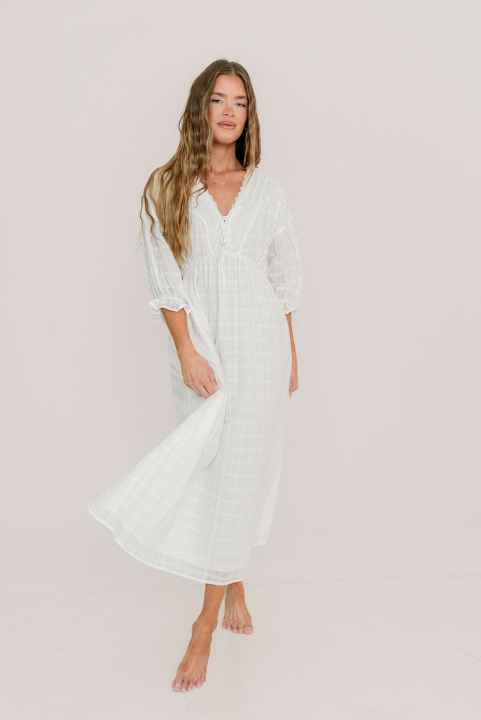 Hunter 100% Cotton Midi Dress with Lace Trim in Ivory - Bump Friendly