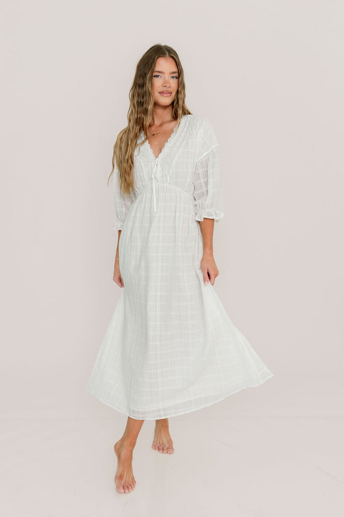 Hunter 100% Cotton Midi Dress with Lace Trim in Ivory - Bump Friendly