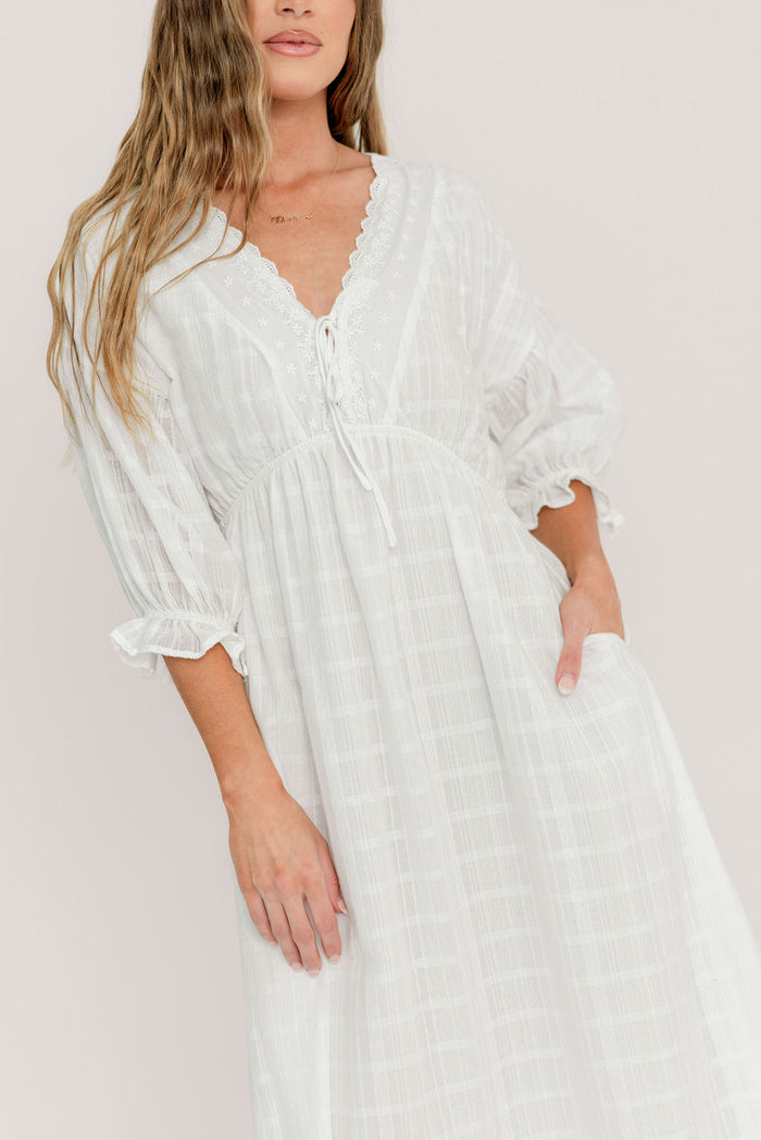 Hunter 100% Cotton Midi Dress with Lace Trim in Ivory - Bump Friendly