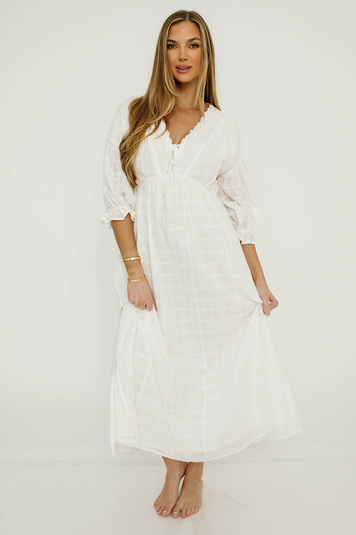 Hunter 100% Cotton Midi Dress with Lace Trim in Ivory - Bump Friendly