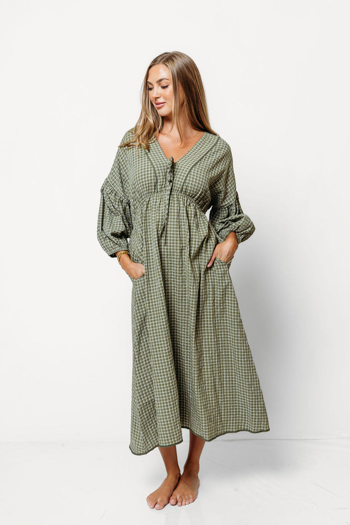 Hunter Plaid Midi Dress with Scallop Trim Detail in Dusty Olive
