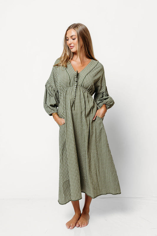 Hunter Plaid Midi Dress with Scallop Trim Detail in Dusty Olive