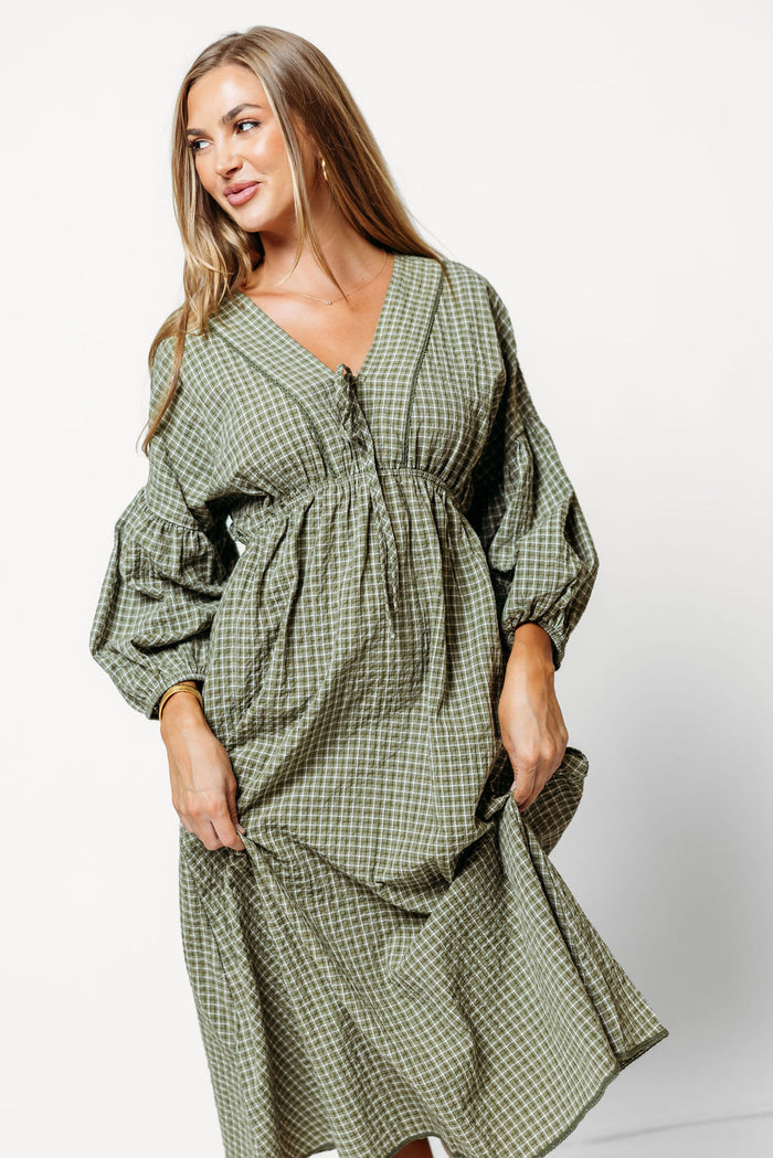 Hunter Plaid Midi Dress with Scallop Trim Detail in Dusty Olive