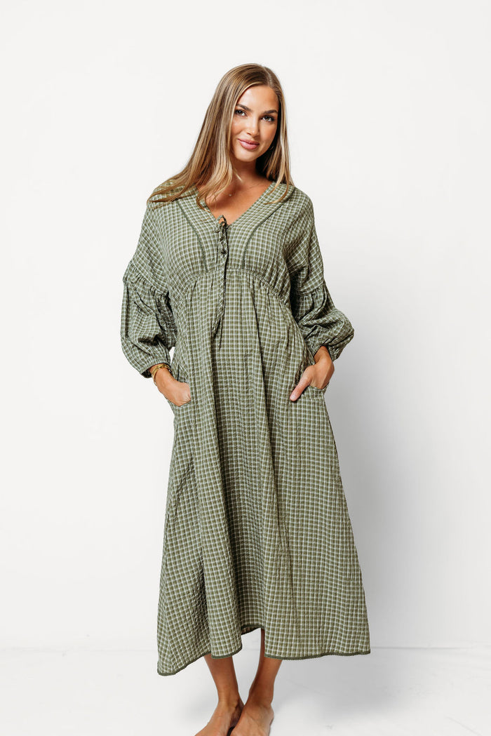 Hunter Plaid Midi Dress with Scallop Trim Detail in Dusty Olive