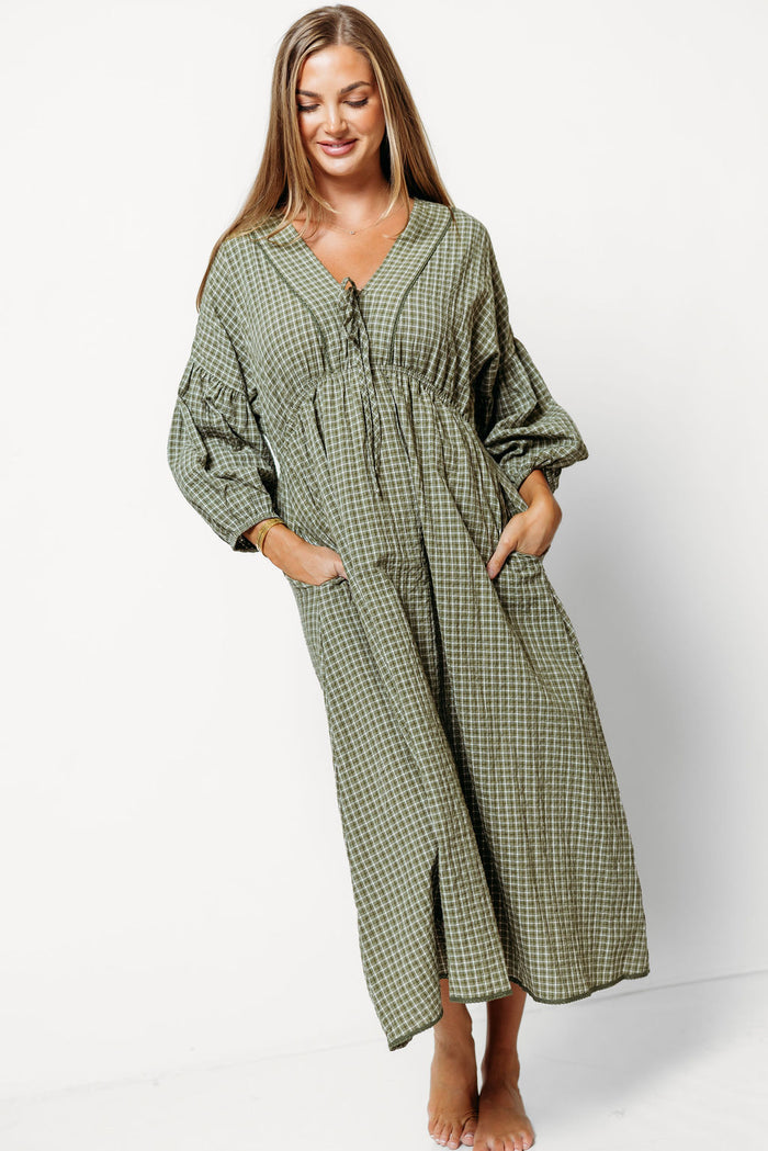 Hunter Plaid Midi Dress with Scallop Trim Detail in Dusty Olive