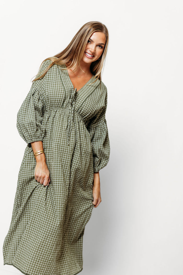 Hunter Plaid Midi Dress with Scallop Trim Detail in Dusty Olive