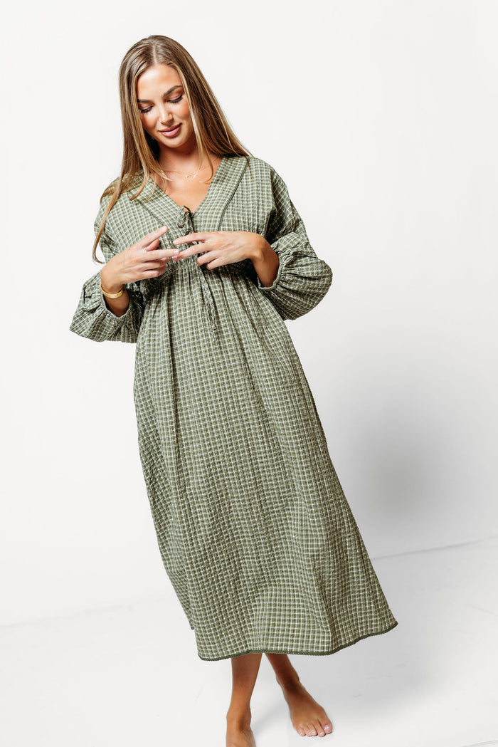 Hunter Plaid Midi Dress with Scallop Trim Detail in Dusty Olive