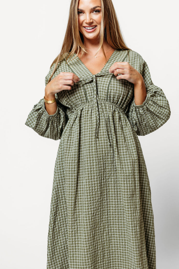 Hunter Plaid Midi Dress with Scallop Trim Detail in Dusty Olive
