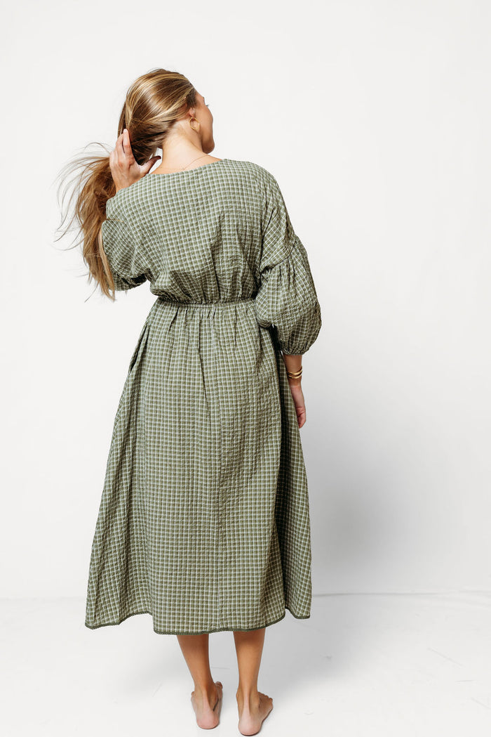 Hunter Plaid Midi Dress with Scallop Trim Detail in Dusty Olive