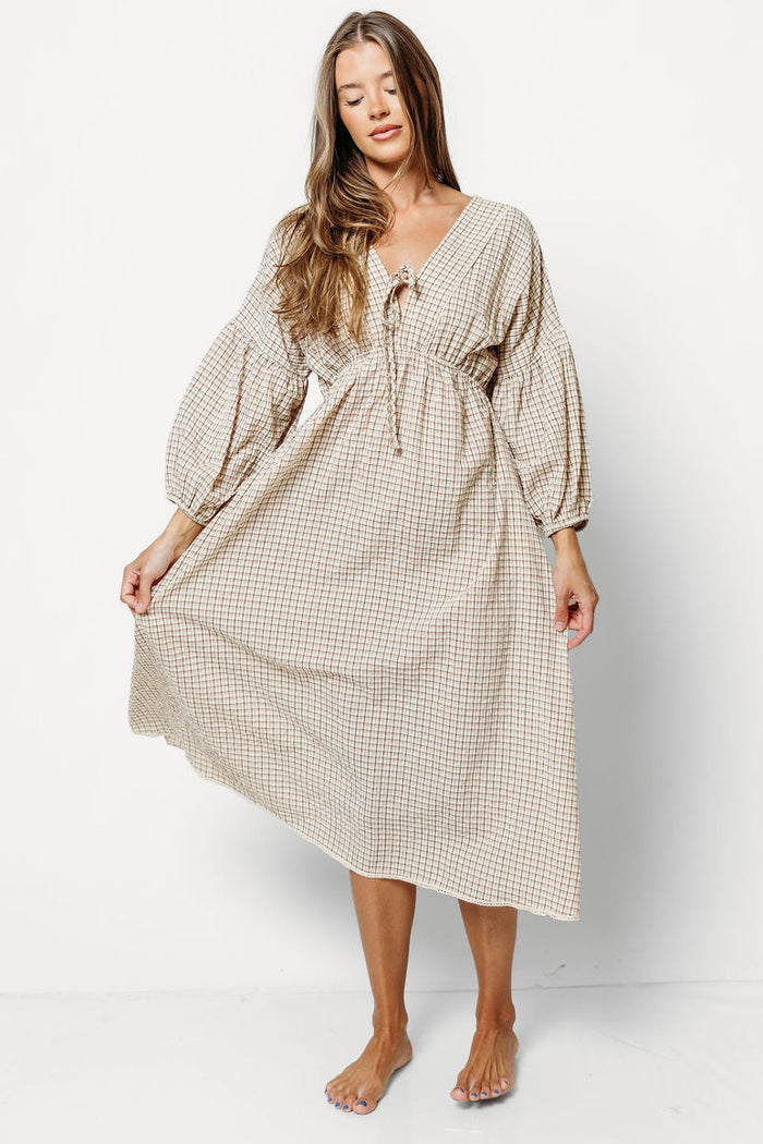 Hunter Plaid Midi Dress with Scallop Trim Detail in Irish Cream