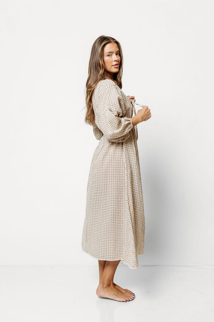 Hunter Plaid Midi Dress with Scallop Trim Detail in Irish Cream