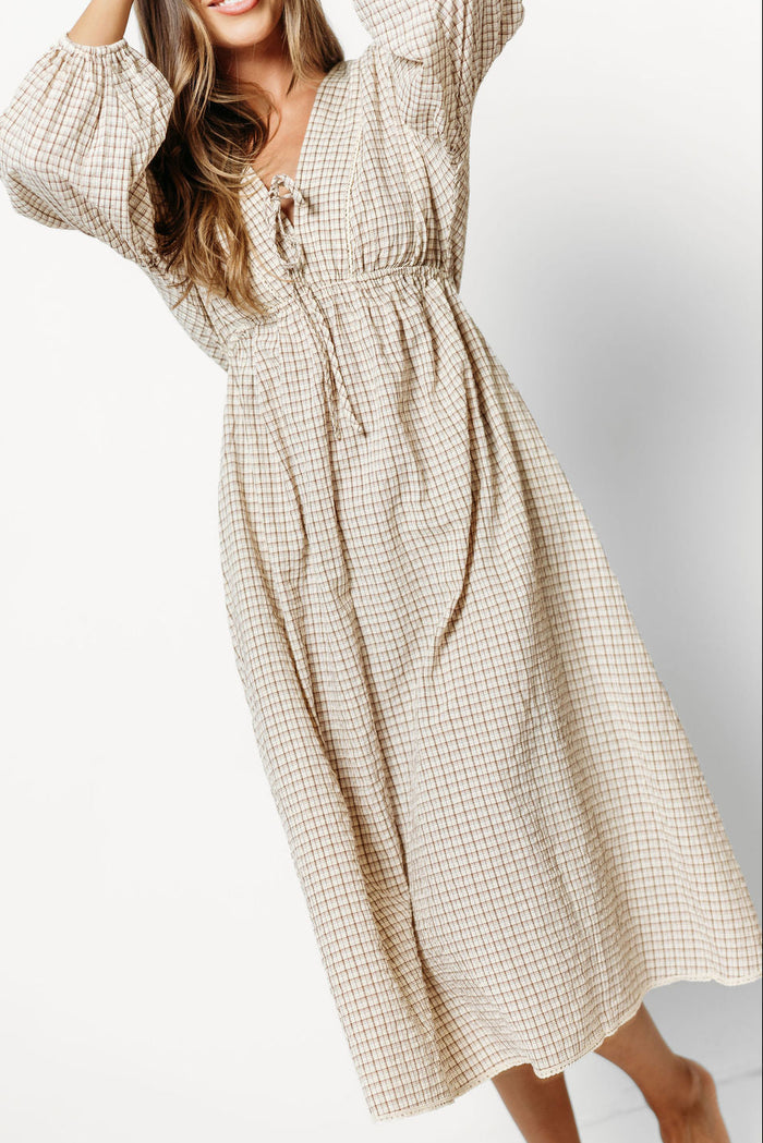 Hunter Plaid Midi Dress with Scallop Trim Detail in Irish Cream