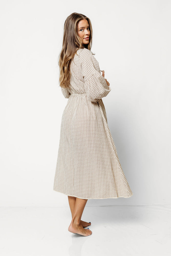 Hunter Plaid Midi Dress with Scallop Trim Detail in Irish Cream