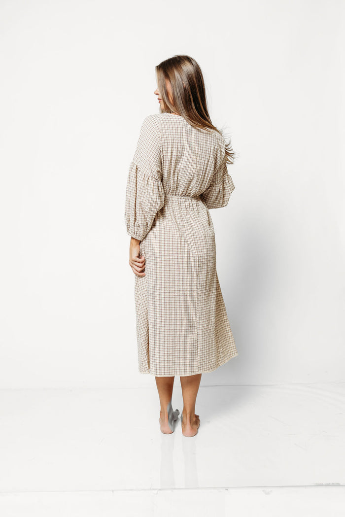Hunter Plaid Midi Dress with Scallop Trim Detail in Irish Cream