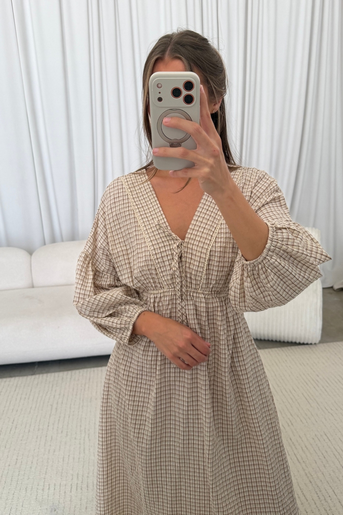 Hunter Plaid Midi Dress with Scallop Trim Detail in Irish Cream
