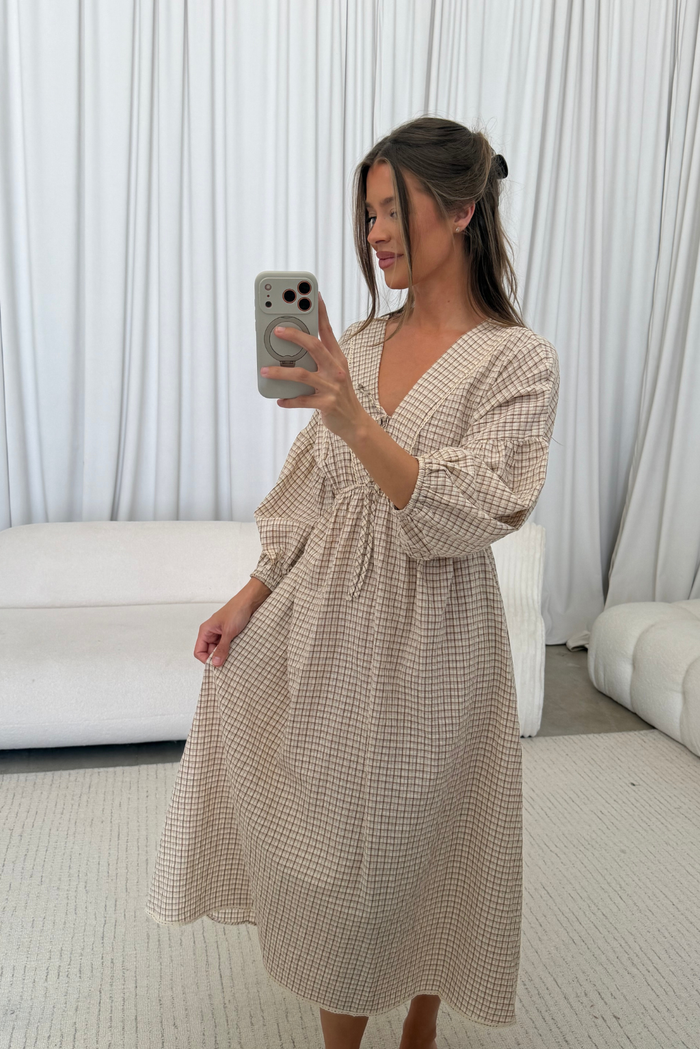 Hunter Plaid Midi Dress with Scallop Trim Detail in Irish Cream