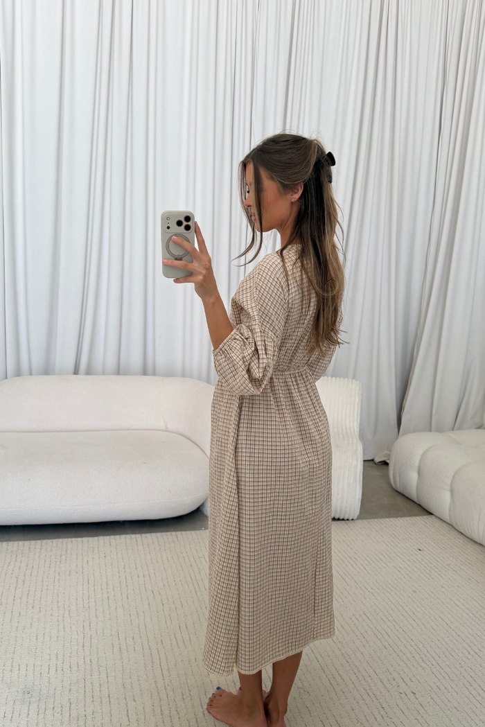 Hunter Plaid Midi Dress with Scallop Trim Detail in Irish Cream