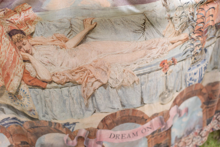 Model wearing the Imaginarium Bohéme Slip Dress featuring a dreamy layered print of historic landscapes, chandeliers, and a sleeping muse – Market of Stars.