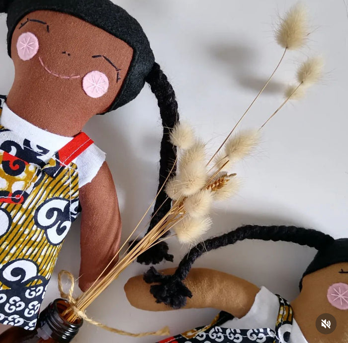 Imibongo kaMakhulu Handmade Fabric Kholi Doll in Ankara Pinny