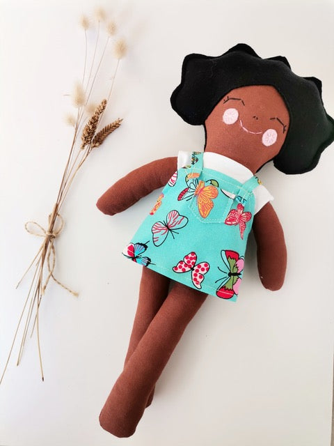 Imibongo kaMakhulu Handmade Fabric Zeni Doll in Butterfly Pinny Dress