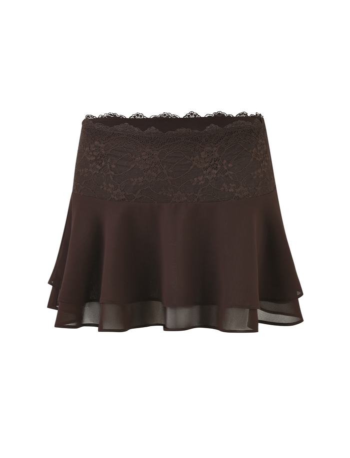 The TIGERMIST INDIGO MINI SKIRT - BROWN: CHOCOLATE is a chocolate-brown chiffon mini skirt with a lace waistband, flared layered hem, and sheer flowy fabric, pictured against a white background.