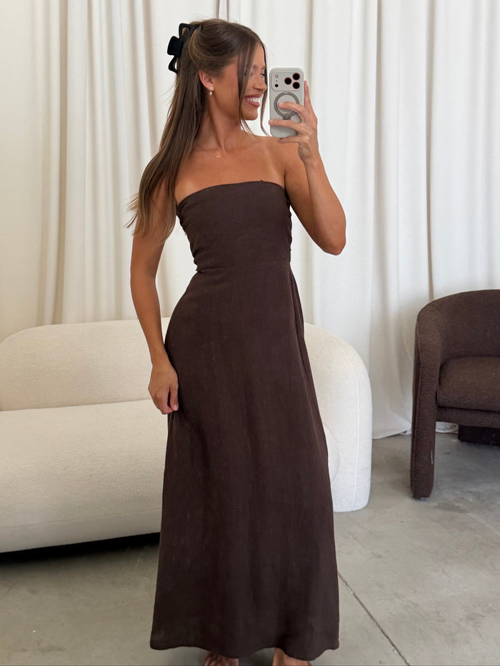 Irise 100% Linen Strapless Maxi Dress in Brown