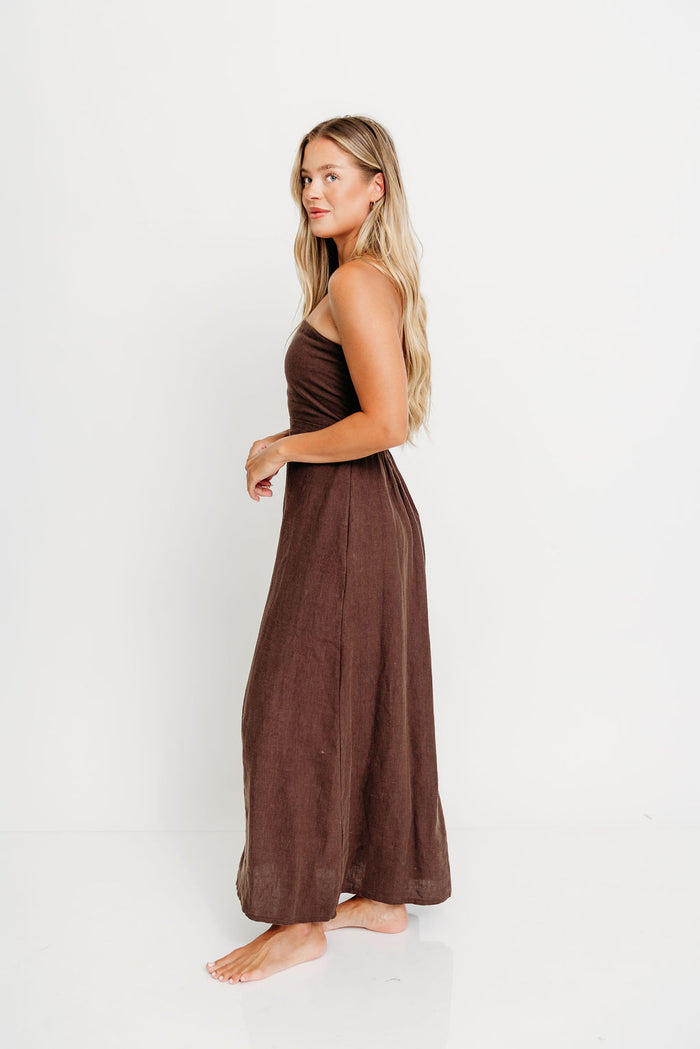 Irise 100% Linen Strapless Maxi Dress in Brown
