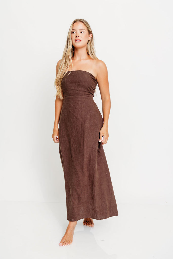 Irise 100% Linen Strapless Maxi Dress in Brown
