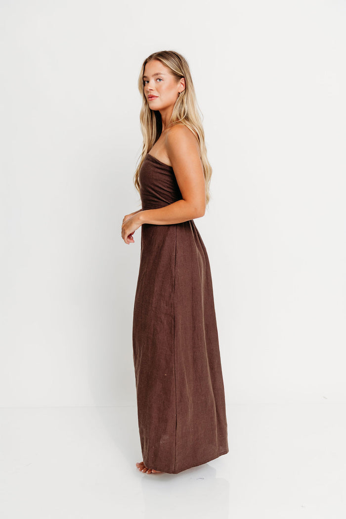 Irise 100% Linen Strapless Maxi Dress in Brown