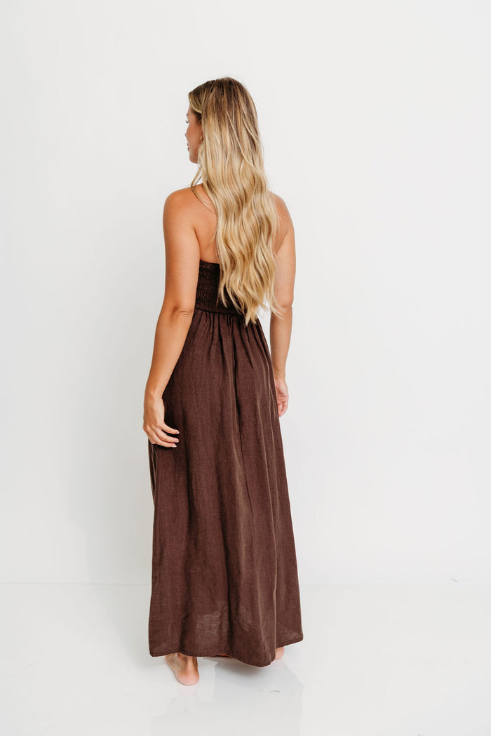 Irise 100% Linen Strapless Maxi Dress in Brown
